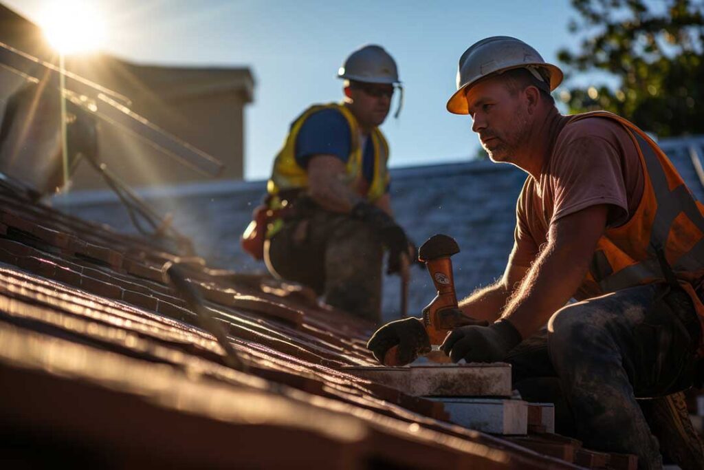 A person safely examining visible shingle and flashing details on a residential pitched roof