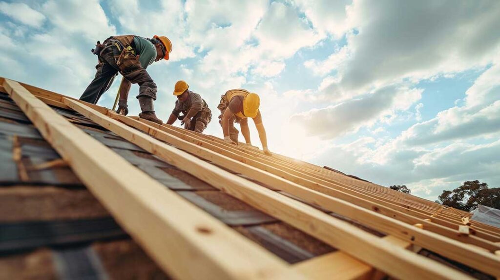 Homeowner reviews a written roof repair estimate with a roofing inspector beside a suburban house.