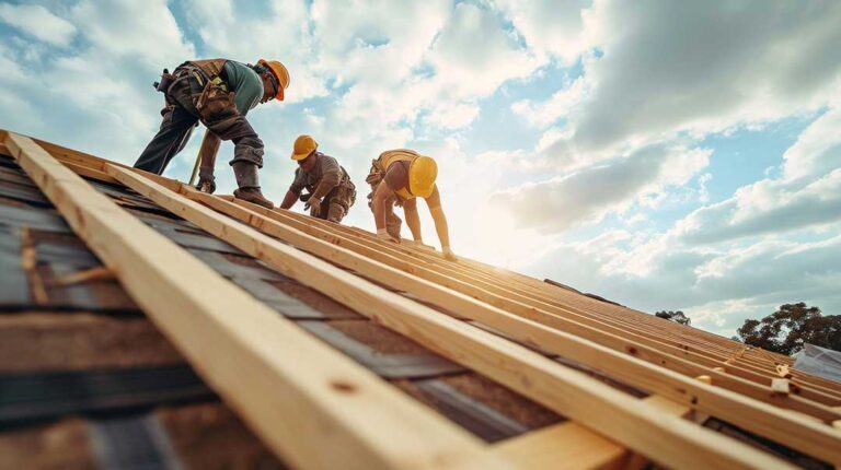 Homeowner reviews a written roof repair estimate with a roofing inspector beside a suburban house.